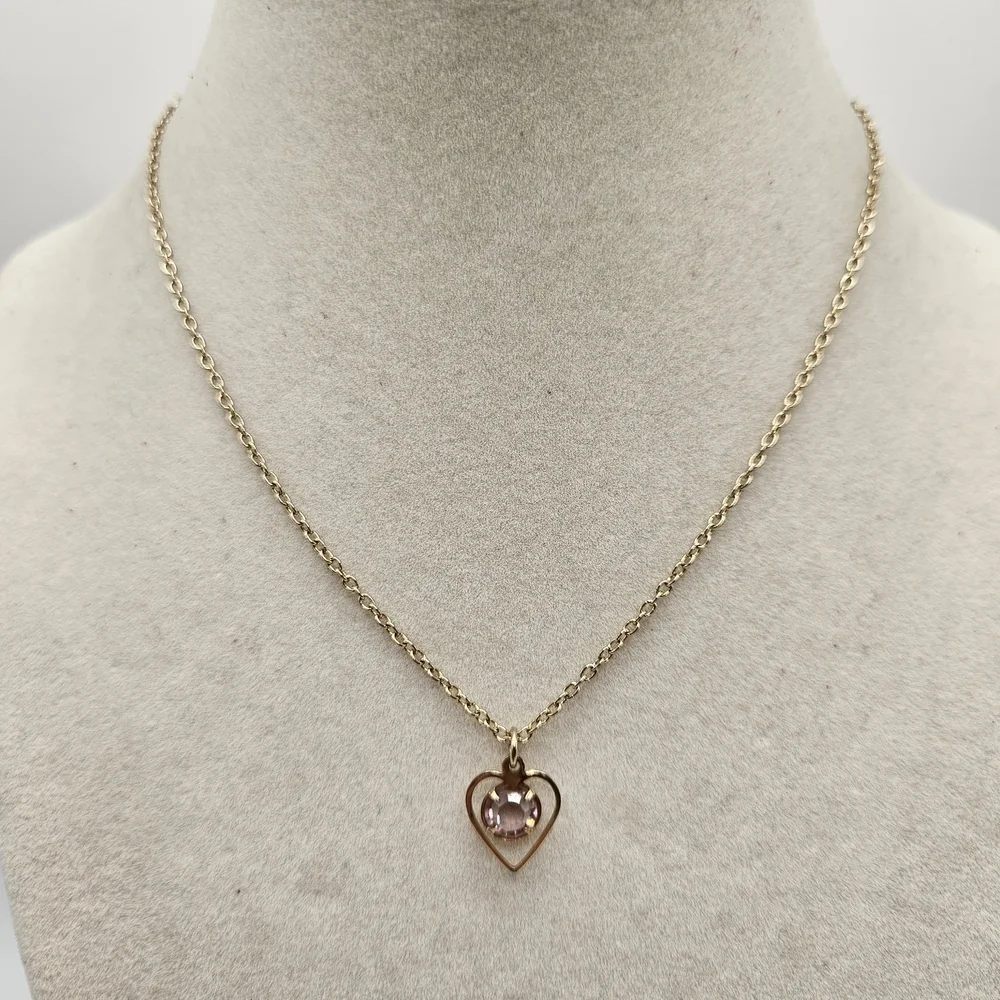 VINTAGE Child's Gold Tone Pink Rhinestone Heart Pendant Dainty Necklace